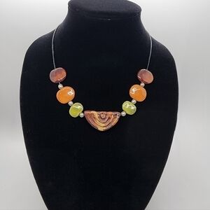 African Kazuri handmade ceramic beaded earth tone necklace Shepherd hook clasp